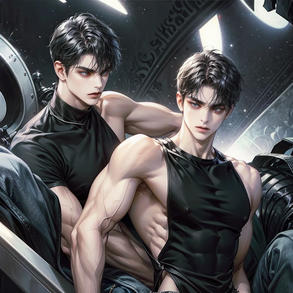 man. A bit thin, but has muscles. Beautiful serious face, eyes are narrow. Black short hair with bangs, on the left side. Dressed in a tight black sleeveless T-shirt with a long neck and jeans.