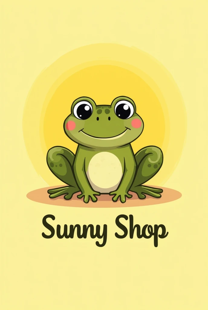 Shop logo with the name Sunny Shop, that has a yellow background an illustrated olive green frog, that has illustrated details and the yellow is not fluorescent and that remains in the palette of warm and pastel colors