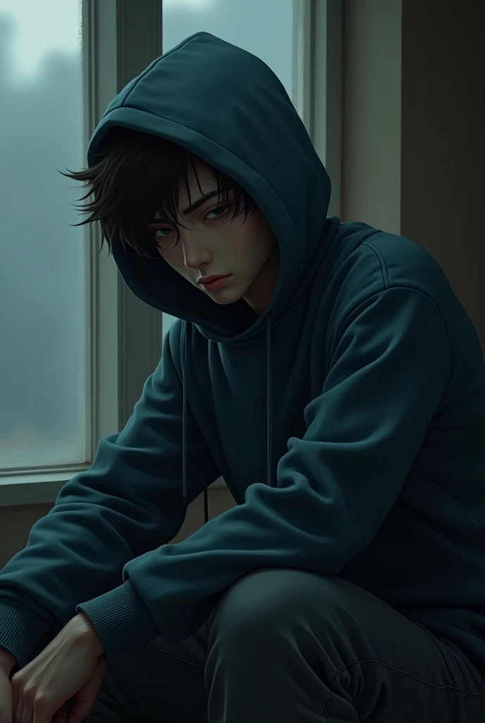 Young man, with a thin face in a sweatshirt outfit, hoodie over head.. sitting in a beautiful but dark environment