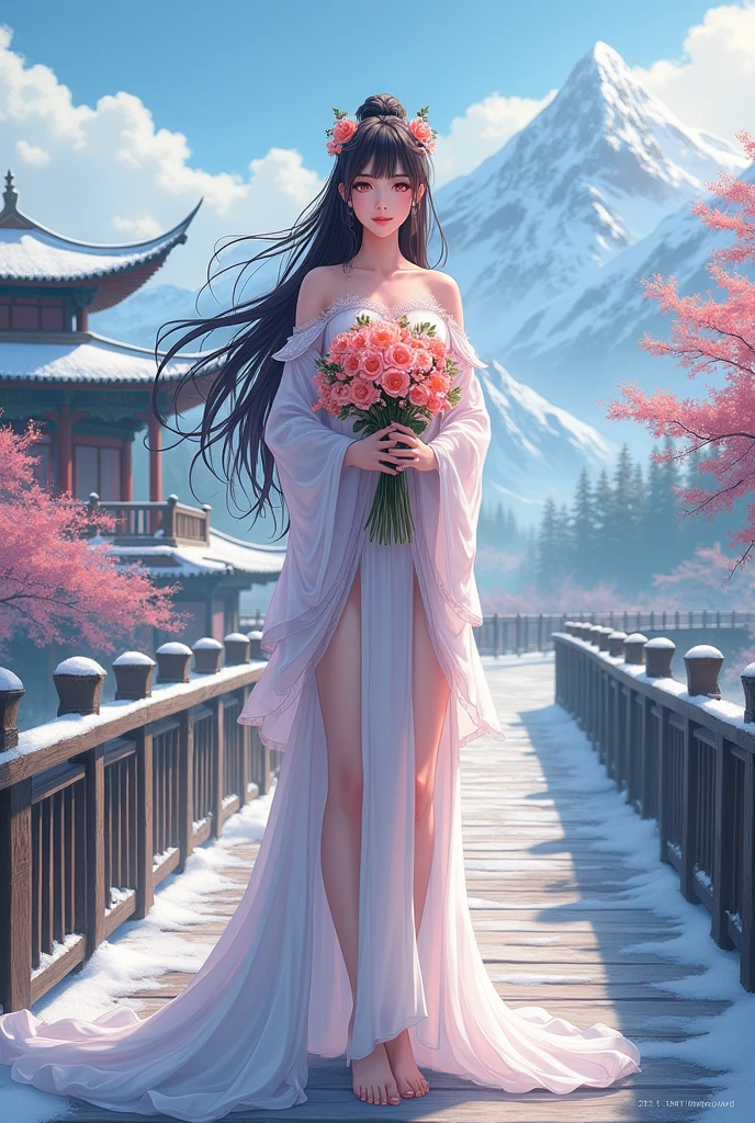 A beautiful woman with sharp features, long, slender hair, standing holding flowers on a wooden bridge, with a Chinese pavilion, snowy mountains, anime image.