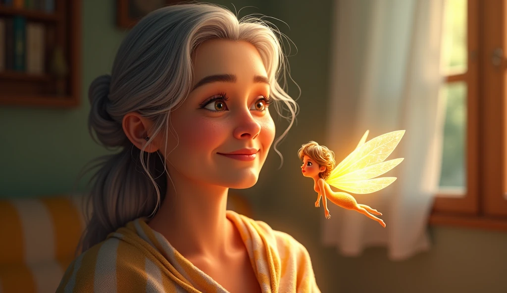 Generate a realistic photo.Image: Chintu’s mother looking healthy and happy at home. The fairy is beside her, adding a magical glow around her, indicating her well-being.