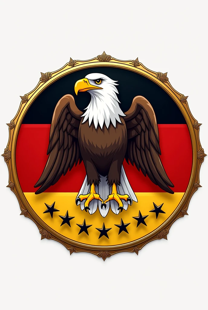 Create me an avatar with an eagle on the flag of Germany and with the nickname Maer97 and 6 stars below and with a beautiful golden frame in anime style and a round