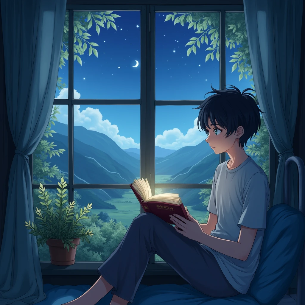 Anime guy sitting reading a book near a window. In a village with nature and stars in the sky.