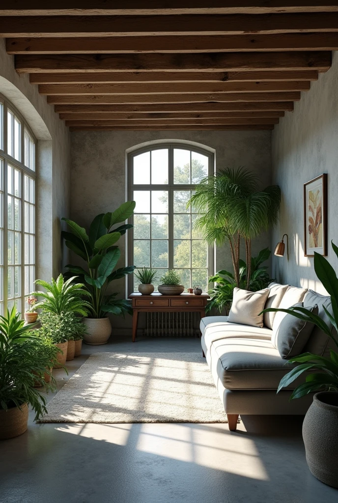 Make a old barn house basement with a gray theme lots of windows and plants