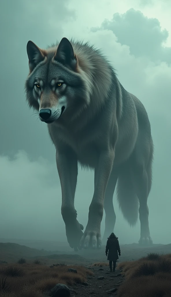 Gigantic cool wolf walking across a plain in the distance amid fog, haze, haze, dark clouds, grimdark ,supense, unearthly, octan render, unreal engine , photorrealistic, hyper realism, highy detailed, high qualiy, intrincately detailed,Volumetric lighting, full character, 4K, ,hard disk ,Full HD, 8k, RTX, high resolution, detailed shadows, incredibily detailed, perfect, Dramatic scale