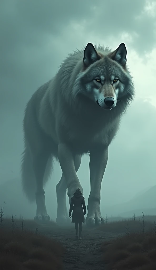 Gigantic cool wolf walking across a plain in the distance amid fog, haze, haze, dark clouds, grimdark ,supense, unearthly, octan render, unreal engine , photorrealistic, hyper realism, highy detailed, high qualiy, intrincately detailed,Volumetric lighting, full character, 4K, ,hard disk ,Full HD, 8k, RTX, high resolution, detailed shadows, incredibily detailed, perfect, Dramatic scale