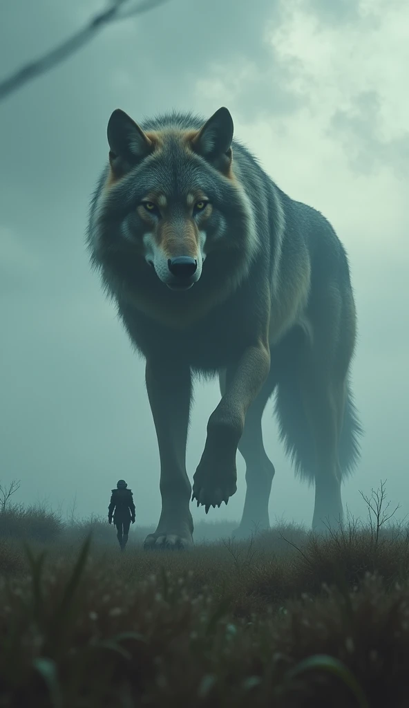 Gigantic cool wolf walking across a plain in the distance amid fog, haze, haze, dark clouds, grimdark ,supense, unearthly, octan render, unreal engine , photorrealistic, hyper realism, highy detailed, high qualiy, intrincately detailed,Volumetric lighting, full character, 4K, ,hard disk ,Full HD, 8k, RTX, high resolution, detailed shadows, incredibily detailed, perfect, Dramatic scale