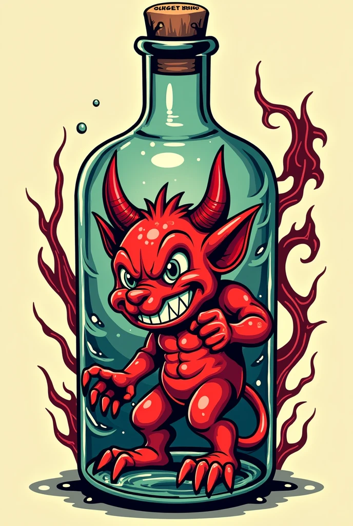 traditional tattoo design full body smiling devil trapped in bottle 