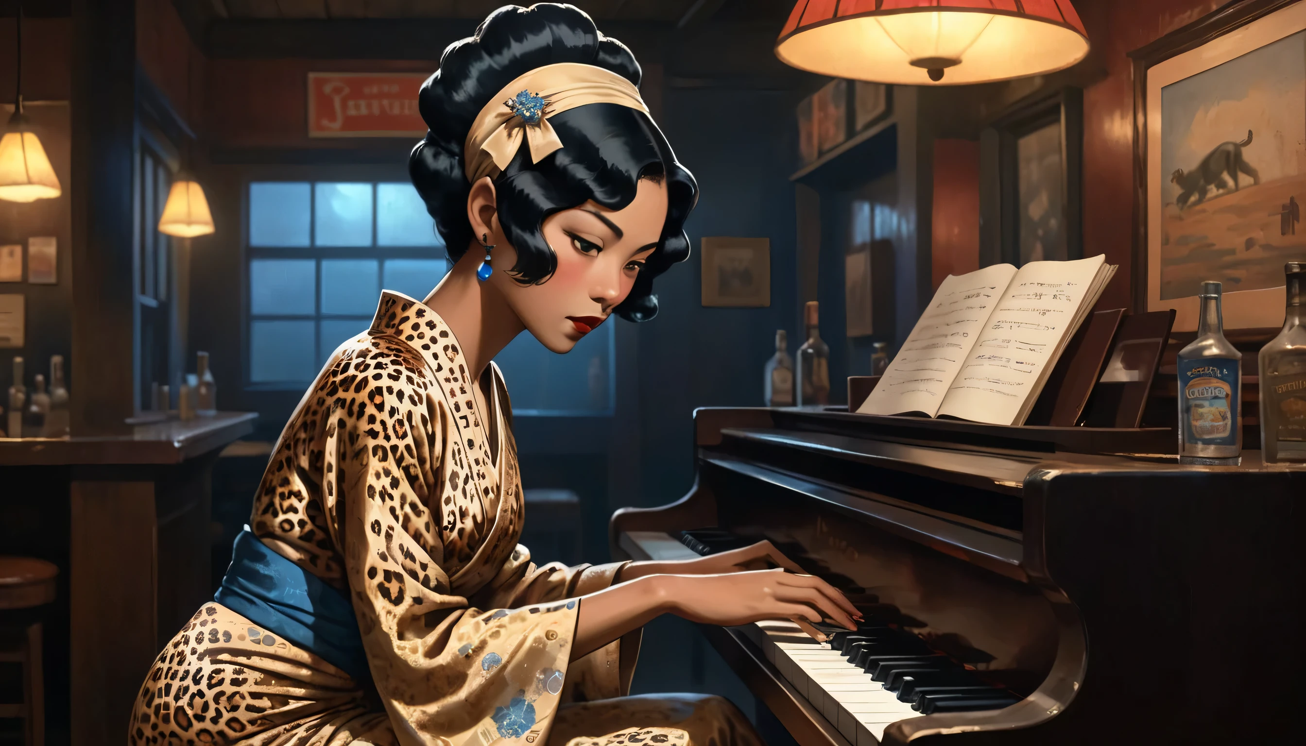 Robert Johnson, Grainy, Alabama Bar, charisma , Leopard Skin Dress, figure, Black Fantasy, asian woman, sad ending, Pianist: A very beautiful woman in a kimono playing bluesy piano in a dingy blues bar in the American South in the 1930s. American Bar Blues A dimly lit and lively bar