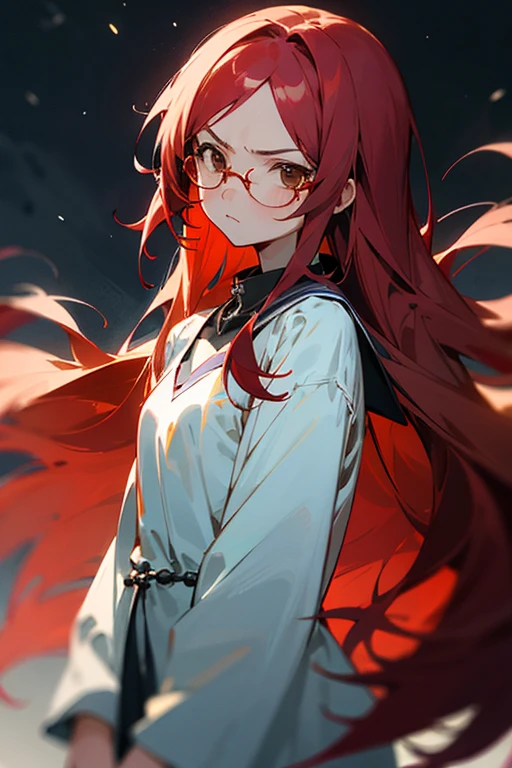 An anime girl with long red hair, wearing glasses on a starless night, she has a rosary around her neck , brown eyes and a serious face, full HD, HD , 4K, without bangs, without bangs