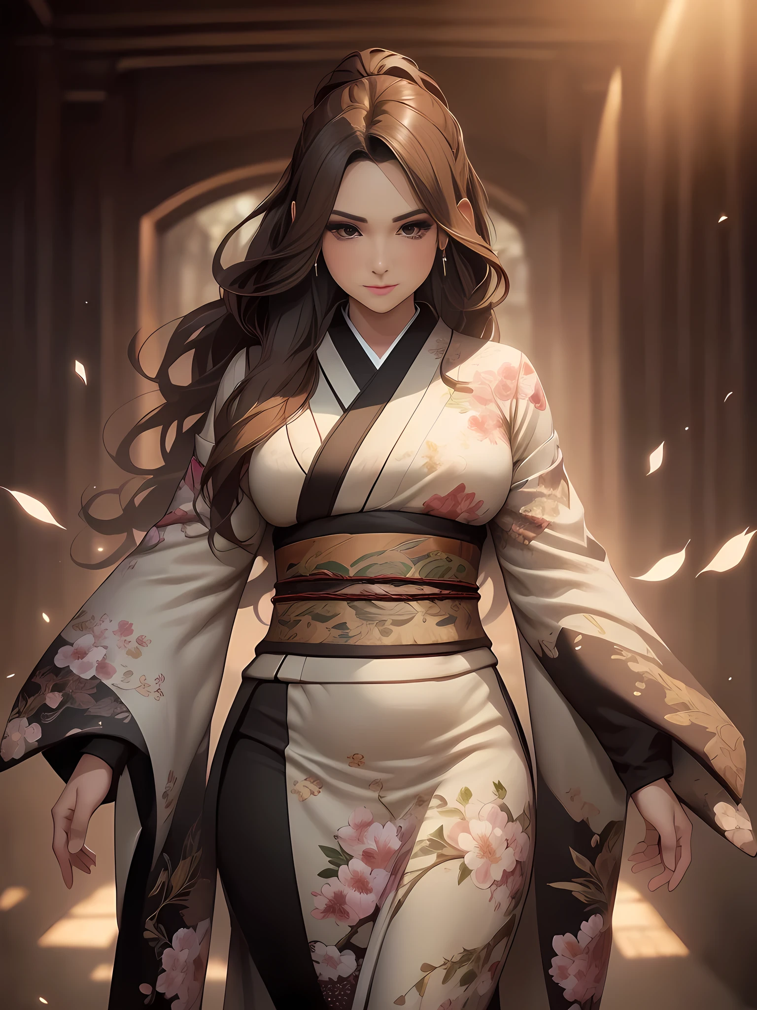 (Caucasian woman, female, dark brown hair, pale skin, brown eyes, solo portrait, natural breasts) green kimono, long flowing kimono, dragon kimono, green clothing full body, smiling, standing inside, good lighting, daytime, looking up at viewer, (outside of a castle, medieval setting, cherry blossoms,  garden), ((masterpiece, best quality)), art by greg rutkowski,  (detailed Bonifasko lighting), (detailed face), (detailed skin), BREAK, (( flowing hair)), ((facing viewer)), (cinematic lighting), ((detailed background)), ((full body portrait view)), (((full body view))), (half body shadow), [backlighting], [crepuscular ray], [detailed ambient light], [gray natural lighting], [ambient light on the belly], [sharp focus], (questionable content), (shaded), ((masterpiece)), Commission for High Res,Sakimichan beautiful, masterpiece, natural breasts, medium breasts, best quality, detailed image, bright colors, detailed face, perfect lighting, perfect shadows, perfect eyes, girl focus, brown eyes, flawless face, face focus, gaze at the viewer, half-closed eyes, 1girl, solo, full body, (masterpiece:1.21), (best quality:1.2), (illustration:1.2), (cinematic lighting:1.3), detailed skin, balanced coloring, global illumination, ray tracing, good lighting, ((brown hair, green kimono)),((seductive look, smile, happy, looking at viewer)