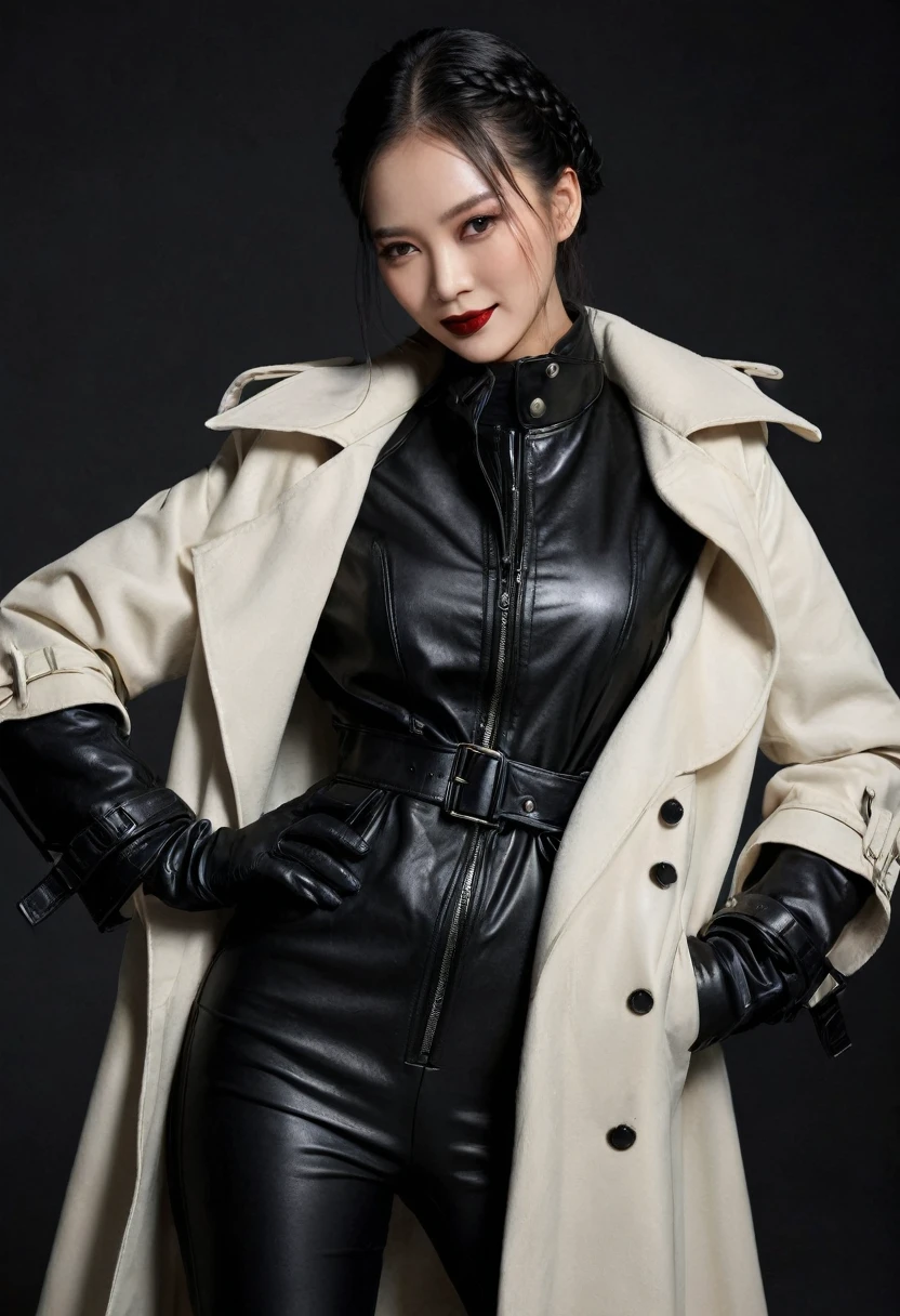 (( 16K a high resolution, high quality 4 chinese model actress, 4 chinese model actress, wearing 16K a high resolution, high quality black leather knee up black leather two masterpiece epaulettes, long double trench coat with epaulettes, both arms 16K a high resolution, high quality two long opera black leather gloves with black leather elbows, black leather gloves both hands, underneath this 16K black leather masterpiece, black leather long pants made of sheepskin 16K, a high resolution, high quality, clear face 16K, high,  16K, a high resolution, high quality, high, bright red lipstick, smile, Laughter, обольстительная smile, black gothic makeup, leather-gloved hands, long hair braided ))
