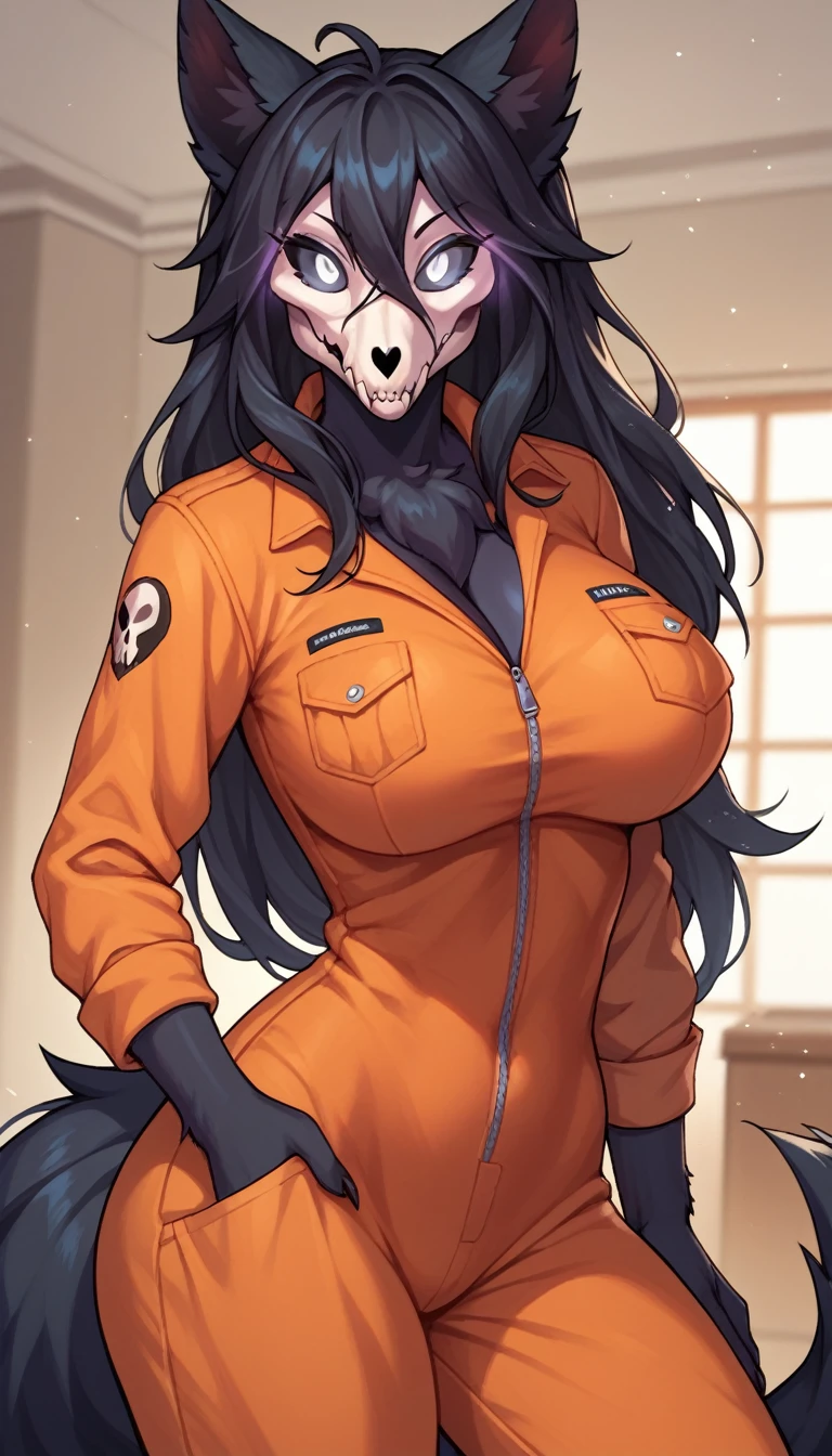 score_9, score_8_up, score_7_up, score_6_up, BREAK, MaloSCPXL, anthro furry, furry female, body fur, black fur, head skull, white eyes, glowing eyes, black sclera, black hair, long hair, hair between eyes, animal ears, black tail, large breasts, orange jumpsuit, solo, standing, looking at viewer, indoors