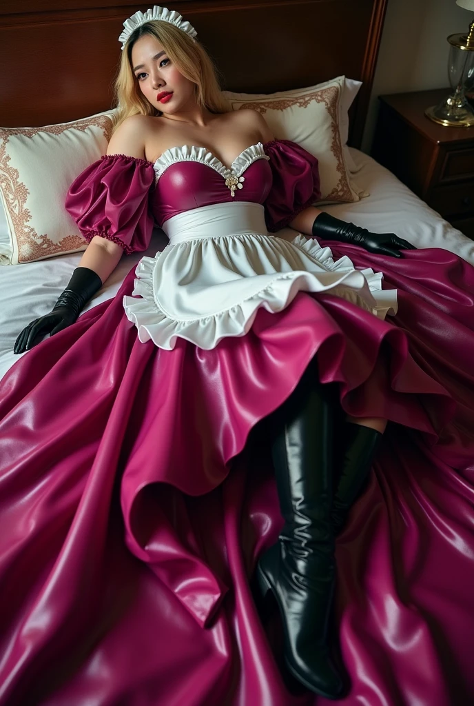 NSFW:1.6,(Realistic:1.3), (Tabletop:1.2), (Realistic:1.2), Ultra-high resolution,Detailed focus:1.3,(Highest quality), (Detailed skin:1.3), (Intricate details),Panty shot,One Girl,Japanese ,solo,(((Pink maid outfit,Black pleated skirt,Black socks))) Twin tails, Twin Loop Hair, Parted bangs, In the bed in the bedroom,((Sleep on your back:1.4)),(Spread your legs:1.4),Spread your legs ,Put your hands behind your head,Light blue panties,View your viewers, (Laughter:1.3),((((Low position shot:1.3)))),(Panties close up:1.35)