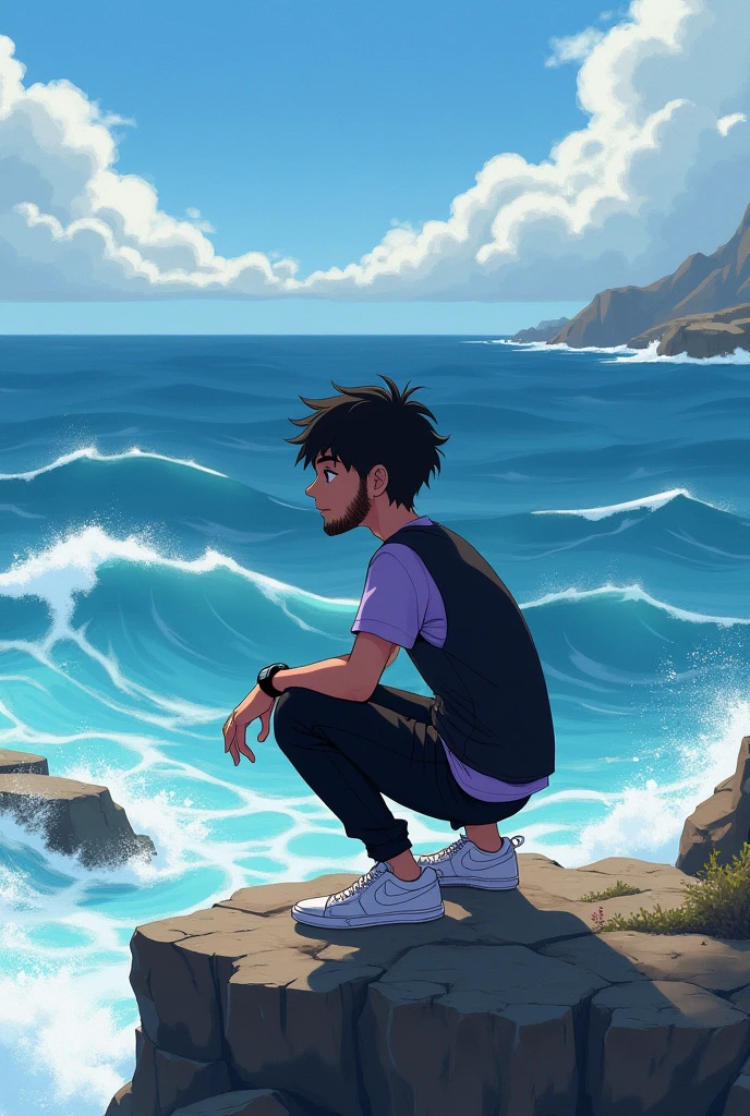 A 1 boy is crouching on a rock formation by the ocean. She was seeing to camera a light purple t-shirt, a black vest, black pants, and white sneakers. He has a beard and short dark hair. He is wearing a watch on his left wrist. The ocean is blue and there are waves crashing on the shore.