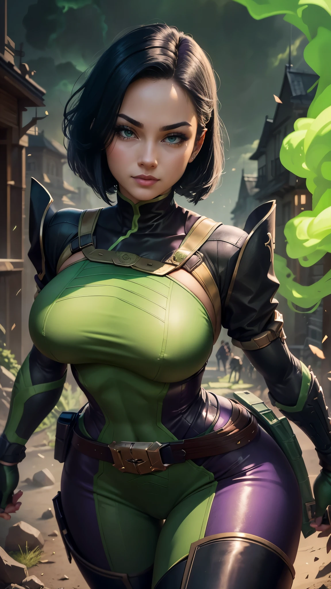 Viper da valorant,(best qualityer,4K,8k,high resolution,work of art:1.2)(weather: midday), Japanese female,city ruins background, green and black body suit, face mask, purple eye shadow, goth makeup, red lipstick, thigh high boots, belt,short hair,ultra detailed,realisitic,portraite,beautiful detailed green eyes,beautiful detailed lips,extremely detailed eye and face, long eyelashes,sexly,average,large breasts,beaming smile,powerful girl in battle, flexing stance, stunning curves,bright coloured,dramatic lighting, green smoke,