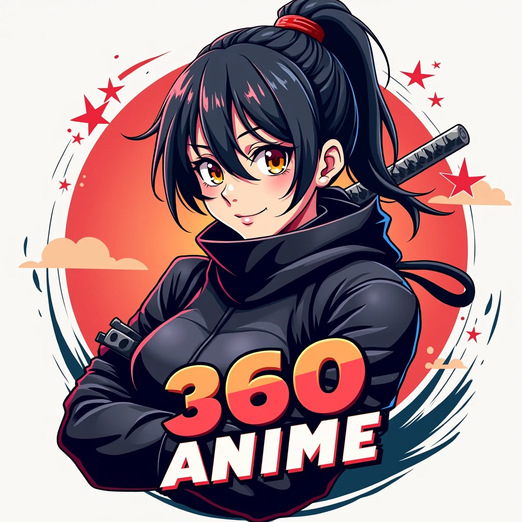 Design a logo for an Android app named '360 Anime'. The logo should feature a sexy ninja lady with an anime-inspired style. She should have a confident and dynamic pose, wearing a sleek, modern ninja outfit with a hint of traditional Japanese elements. Her eyes should be captivating and expressive, with a playful smile. The ninja lady could be holding a katana or performing a ninja move to emphasize agility and strength. The background should be simple to keep the focus on the character, and the app name '360 Anime' should be integrated into the design in bold, vibrant text that complements the character's colors. The overall look should be appealing, vibrant, and suitable for an anime-focused app