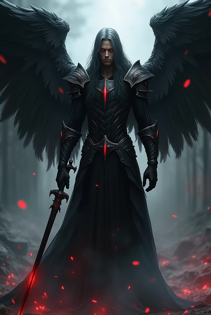 azazel: Fallen angel with human appearance, gender man, intense red eyes, long black hair with a touch of silver, black wings with soft feathers, Dark armor with red details and black sword with blood red edge.