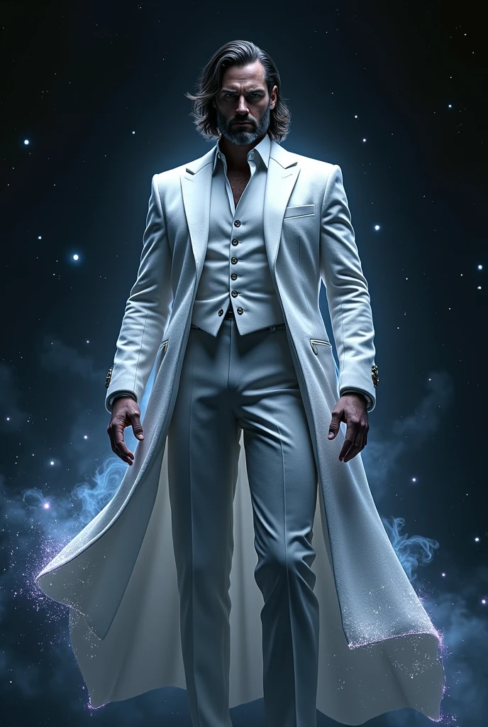 A cinematic medium shot of Henry Cavill with medium hair and beard as Pre-retcon Beyonder in the MCU. He is floating in black space with some stars far away and is facing towards to us while we can only see his side face where he gives a villainous laugh with a villainous facial expression. He has a non-muscular build and for his outfit The Beyonder wears tight white suit with a thunder neck cutting coat made of a white material that seems to shimmer and shift like the fabric of space itself. The robes are primarily deep white, with hints of starry constellations scattered across them. The edges of the robes glow faintly with a black or purple energy, as if the fabric is charged with cosmic power and around the Beyonder, several small, glowing orbs float in the air, constantly in motion These represent the Beyonder’s control over the fundamental forces of the universe and give a sense of their boundless power and the Beyonder's eyes glow with a piercing white light, and their entire form is surrounded by a faint, shimmering aura that pulses with energy. The aura occasionally crackles with energy, hinting at the raw power within.He wears no cape.Make Henry Cavill look more angry and psychotic and realistic.
He is soaring over the earth since he is very large and having two planets in the palm of his hands.