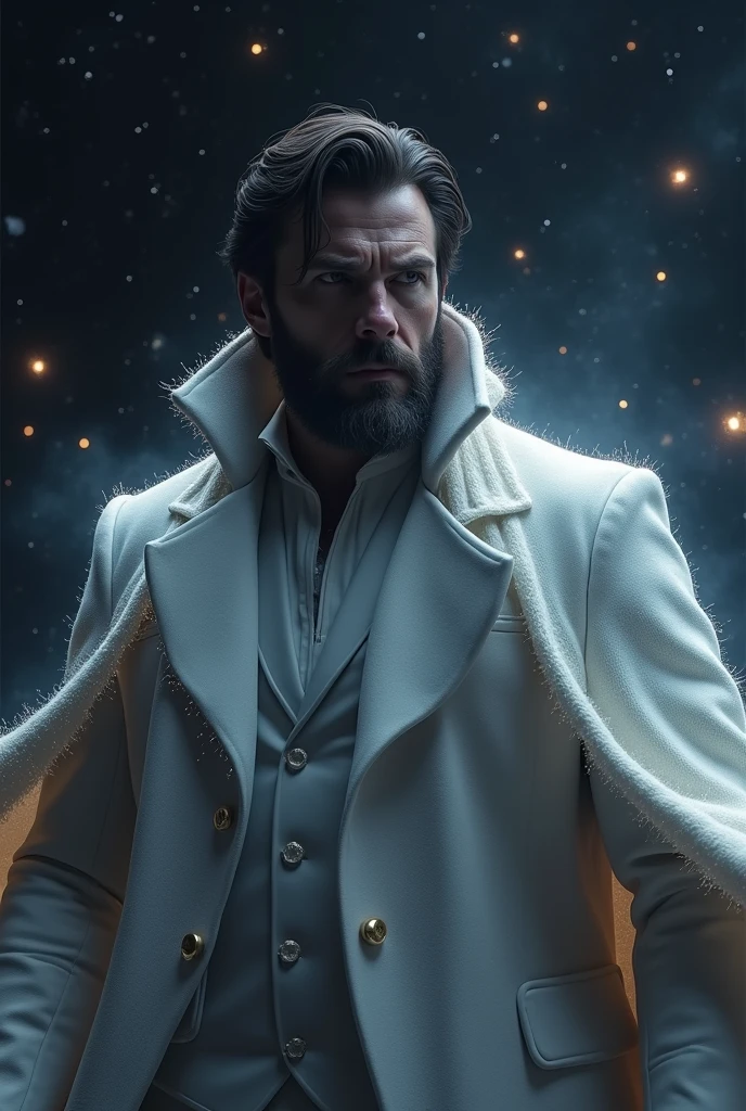 A cinematic medium shot of Henry Cavill with medium hair and beard as Pre-retcon Beyonder in the MCU. He is floating in black space with some stars far away and is facing towards to us while we can only see his side face where he gives a villainous laugh with a villainous facial expression. He has a non-muscular build and for his outfit The Beyonder wears tight white suit with a thunder neck cutting coat made of a white material that seems to shimmer and shift like the fabric of space itself. The robes are primarily deep white, with hints of starry constellations scattered across them. The edges of the robes glow faintly with a black or purple energy, as if the fabric is charged with cosmic power and around the Beyonder, several small, glowing orbs float in the air, constantly in motion These represent the Beyonder’s control over the fundamental forces of the universe and give a sense of their boundless power and the Beyonder's eyes glow with a piercing white light, and their entire form is surrounded by a faint, shimmering aura that pulses with energy. The aura occasionally crackles with energy, hinting at the raw power within.He wears no cape.Make Henry Cavill look more angry and psychotic and realistic.
He is soaring over the earth since he is very large and having two planets in the palm of his hands.