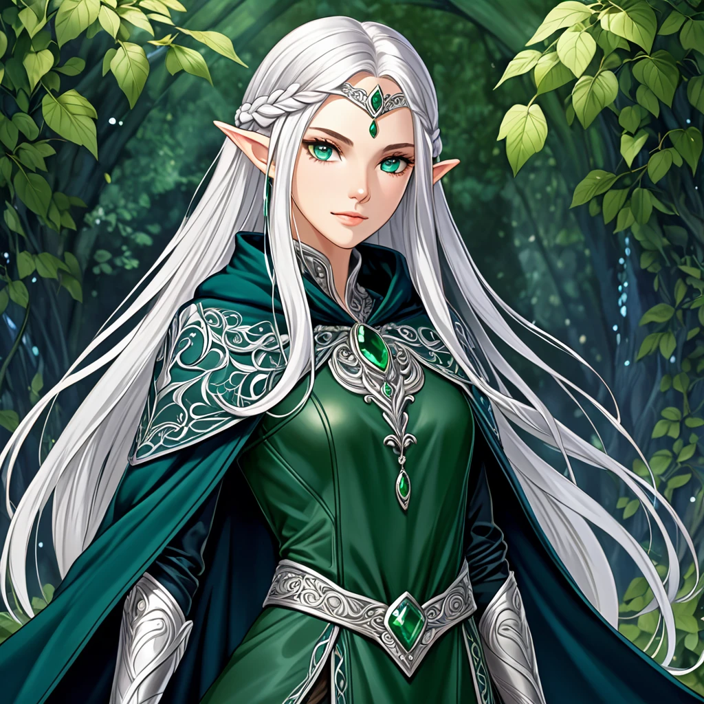 A slender, agile warrior with long, flowing silver hair braided intricately with small, mystical charms, wearing a fitted, dark green leather tunic adorned with silver embroidery, paired with sturdy, knee-high boots and a flowing, deep blue cloak fastened with a silver brooch, her piercing emerald eyes framed by delicate, elven features.