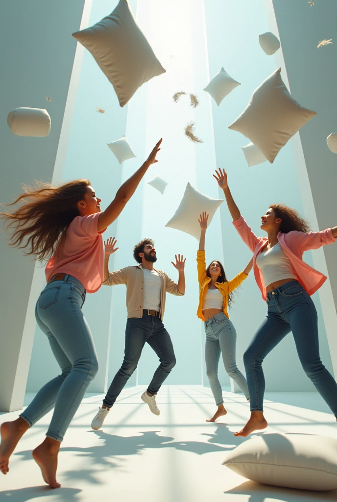 . A group of friends having a pillow fight in zero gravity, floating around the room in Vahni Hall, laughing hysterically