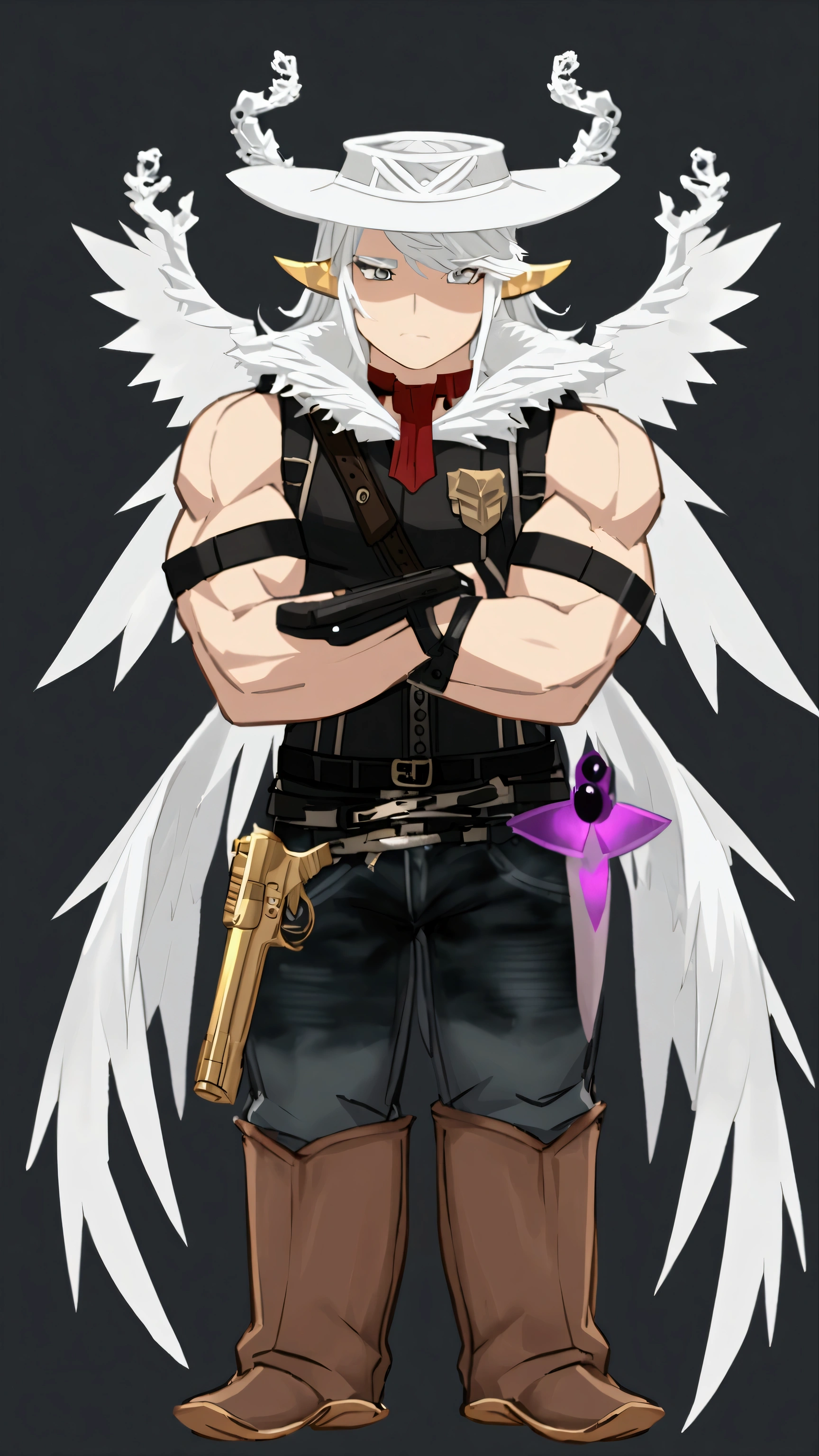 A Brazilian YouTuber, vestindo cowboy boots mexicano Denim Pants muscles gold gun, with white hair and white horns, wearing a white cowboy hat,with wings and pink sword on the back,with a close-up of crossed arms, showing its natural 
