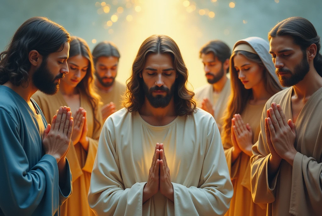 Create a miniature with a central image with jesus and several people in prayer, with hands together and eyes closed. Include visual elements like sunbeams around the person and use a soft color palette like blue and gold.