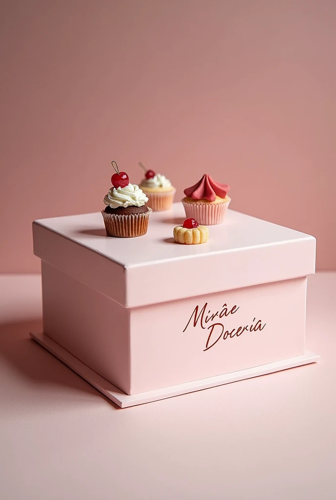 Create a square box with measurements 20×20×05 in pink with the name mirâe doceria with a lid for dessert