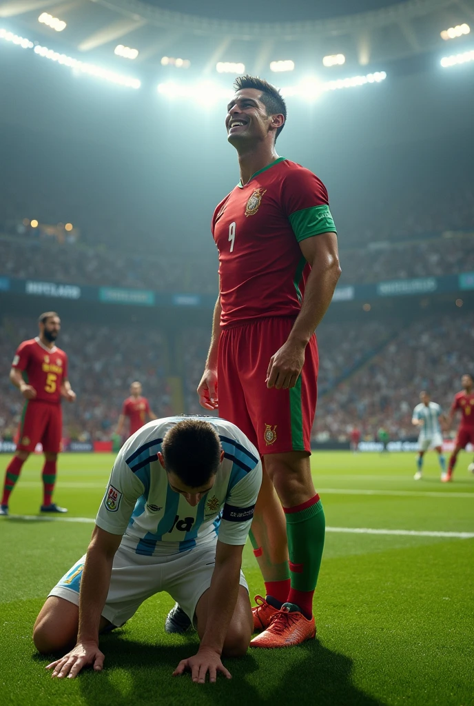 Cr7 winning the world cup against Argentina and Messi kneeling
