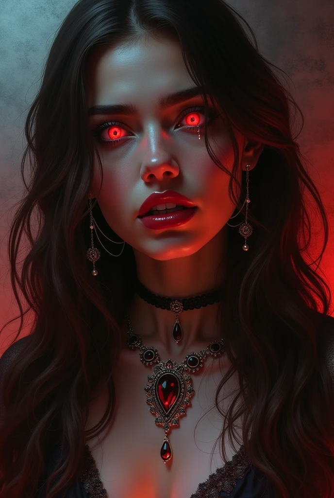 length hair, Brown hair, red eye,jewellery,fang, Sparkle effect, Backlight, ear rings, fang, tears, fang, Dutch Angle, Symbol-shaped pupils, Fangs, Red lips, fang zeigen, sparkling eyes, anatomically correct, Details, Gothic art, red eye,