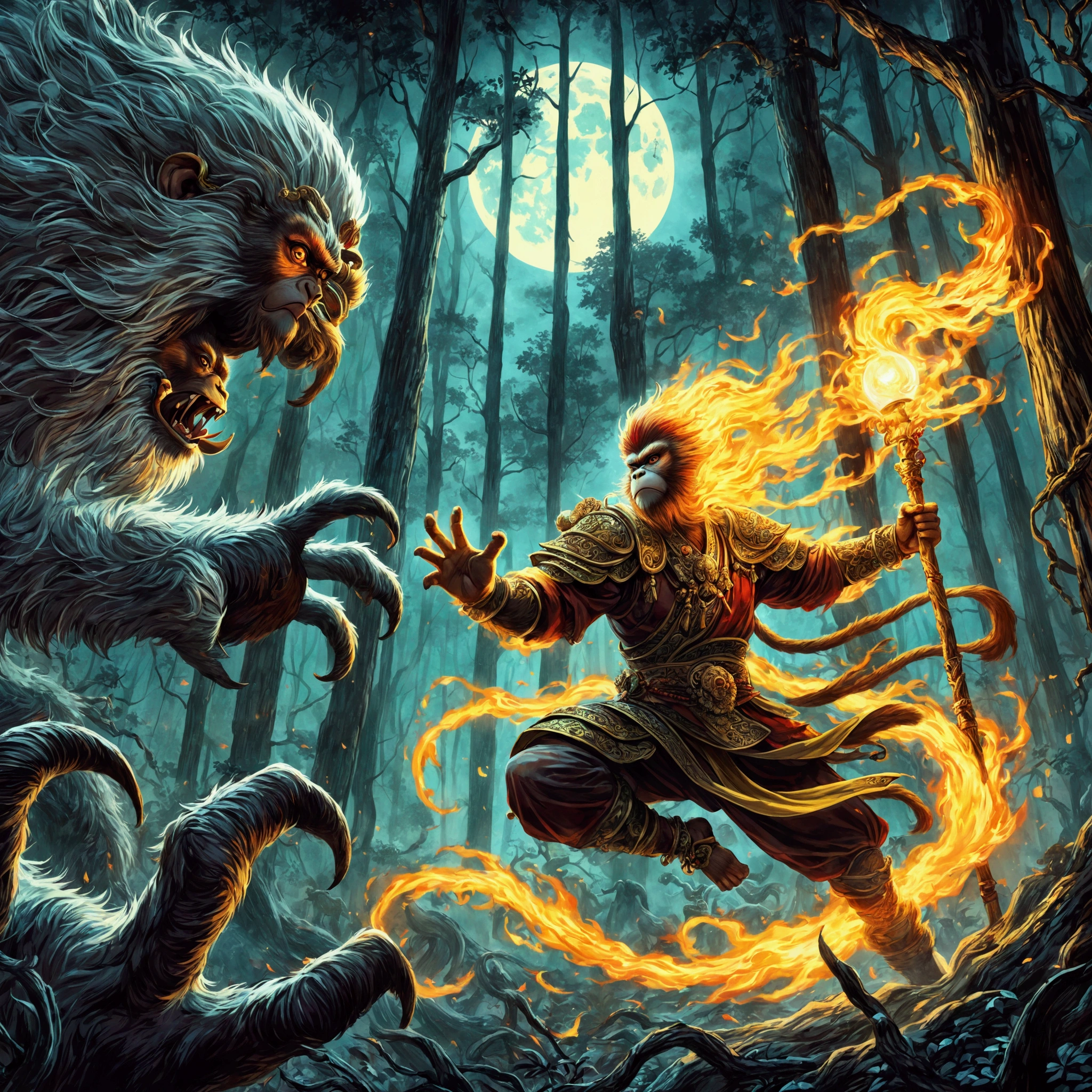 Create an illustration of the Monkey King Chinese fable tale, with his golden staff on fire fighting a monster in a dark forest under a full moon High resolution, detail, blurry foreground,
