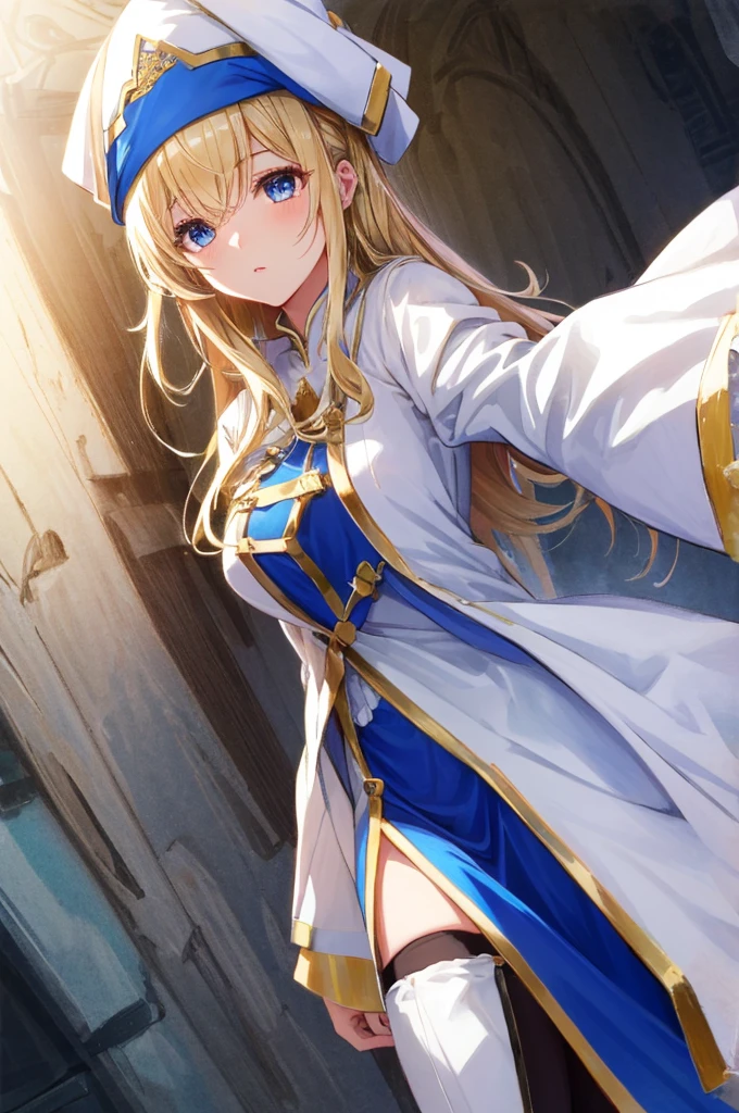 Highest quality、Best image quality、In 8K,4K,masterpiece、Ultra-detailed、beautiful、super high quality、nice,Game CG,beautiful少女,Five Fingers,Cowboy Shot,Priestessess, Blonde, blue eyes, Long Hair, Hair between the eyes,Grab the magic wand,smile,Knee-high boots, dress, Frills袖, Frills, Have, White Hat, Pelvic Curtain, High heels, Robe, Thigh-high boots, Thighs Thighs Thighs Thighs, White knee-high, Long sleeve, Puff sleeves,