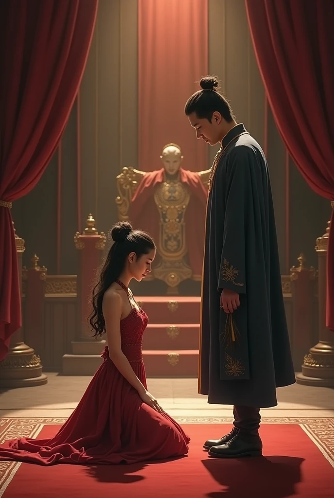 A woman bows to a man