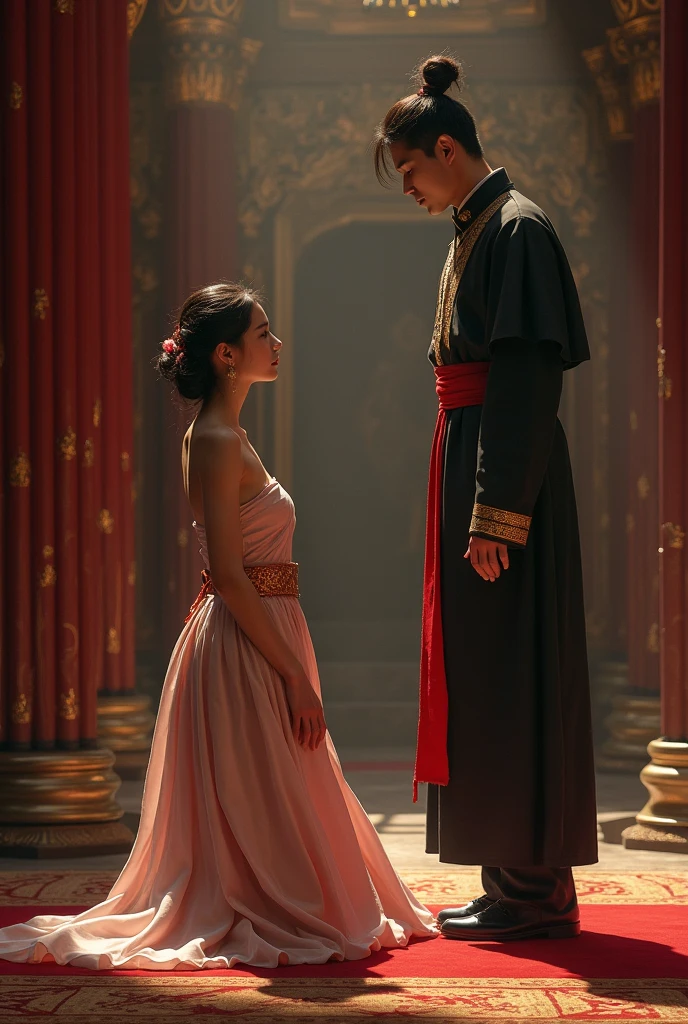 A woman bows to a man