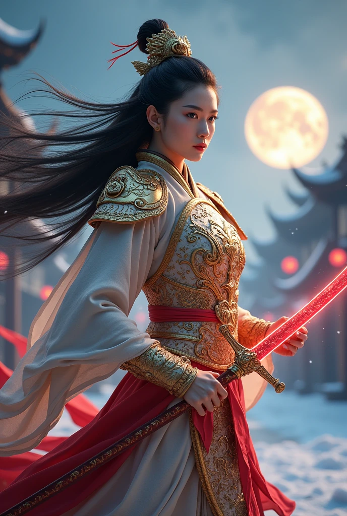 (masterpiece, best quality, beauty, best ratio, best shadows,best Illustration, wallpaper size,1080×2400 pixels)
uhd, china female kungfu, korean beauty like tae yon, dancing, full posture fully visible, shining blue eyes, windblown hair, wear gold full general armory with elegant swans emblem, hand holding a sword emits red energy, on the snowing square. midnight sky full moon and side light seen on far away. use the RenderMan renderer.digital art. High definition, high contrast,high color saturation,128k,cinematic lighting, intricate,cinematic advertising photograph,cinema lens,high res.