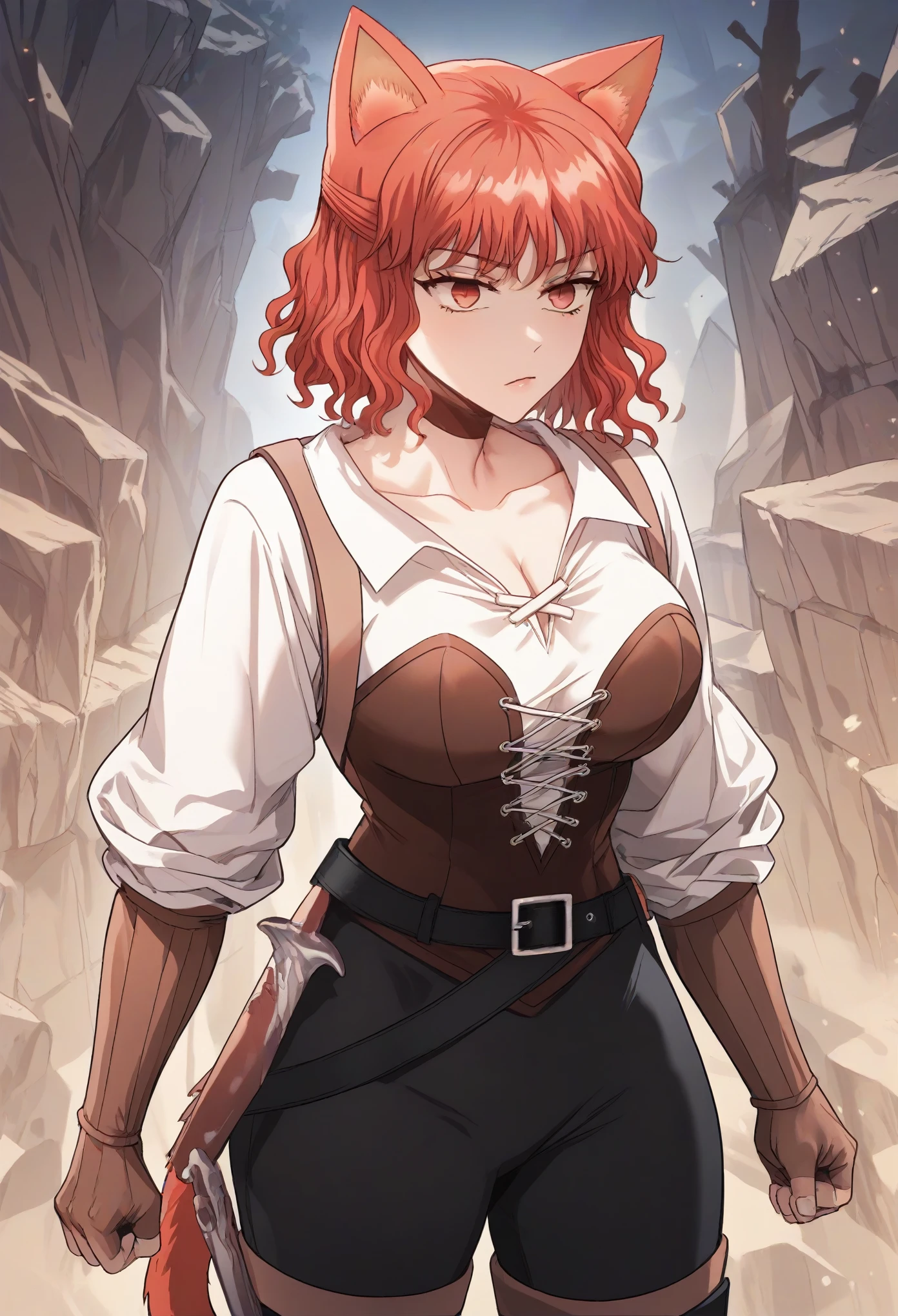MisshaKarlstein, cat woman, red eyes, red hair, short hair, wavy hair, battle uniform,midriff,clavage,big breast