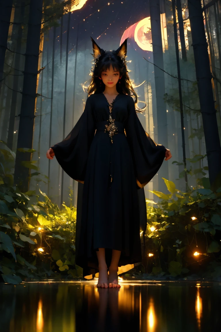 (masterpiece:1.2), 4K, offcial art, textured skin, highly detailed, high details face, masterpiece, best quality, (Amazingly absurd:1.2), 1 little Foxgirl, evil smirk, fox ears, long black hair, long cute dress, standing, dynamic pose:1, looking down at viewer, glowing eyes, Fullbody , glowing dress, shining hair, Hair bow, black kneesocks, no shoes, Soft colors, Kawaii, beautiful colors, (Rain:1), (Forest:1.5), (Night:2)