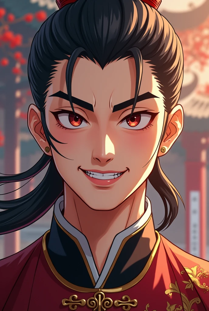 A handsome Chinese man with a wicked look, wearing ancient Chinese clothing, anime image.