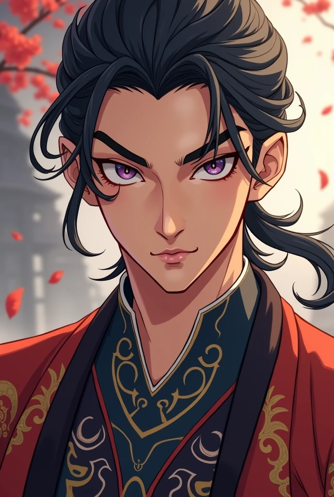 A handsome Chinese man with a wicked look, wearing ancient Chinese clothing, anime image.