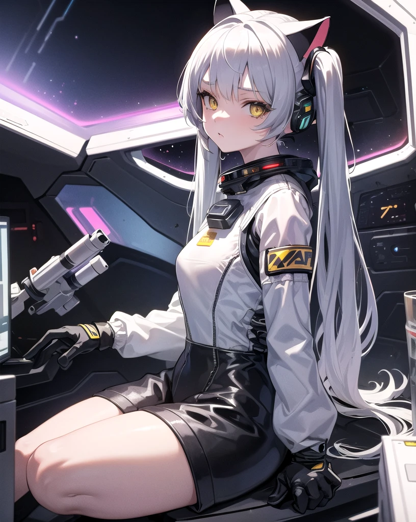 masterpiece, best quality, 1girl, spacecraft interior, spacesuit, upper body, from side, science fiction, yellow eyes, twintails, silver hair, cat ears, looking at viewer,