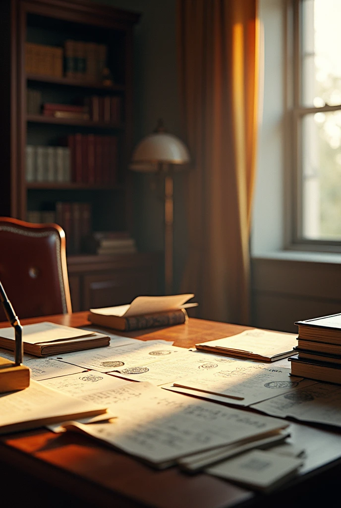 A detailed administrative legal concept art, highly detailed face and eyes, detailed administrative paperwork, vintage wooden desk, sunlight streaming through window, bookshelf, legal books, professional, photorealistic, 8k, masterpiece, dramatic lighting