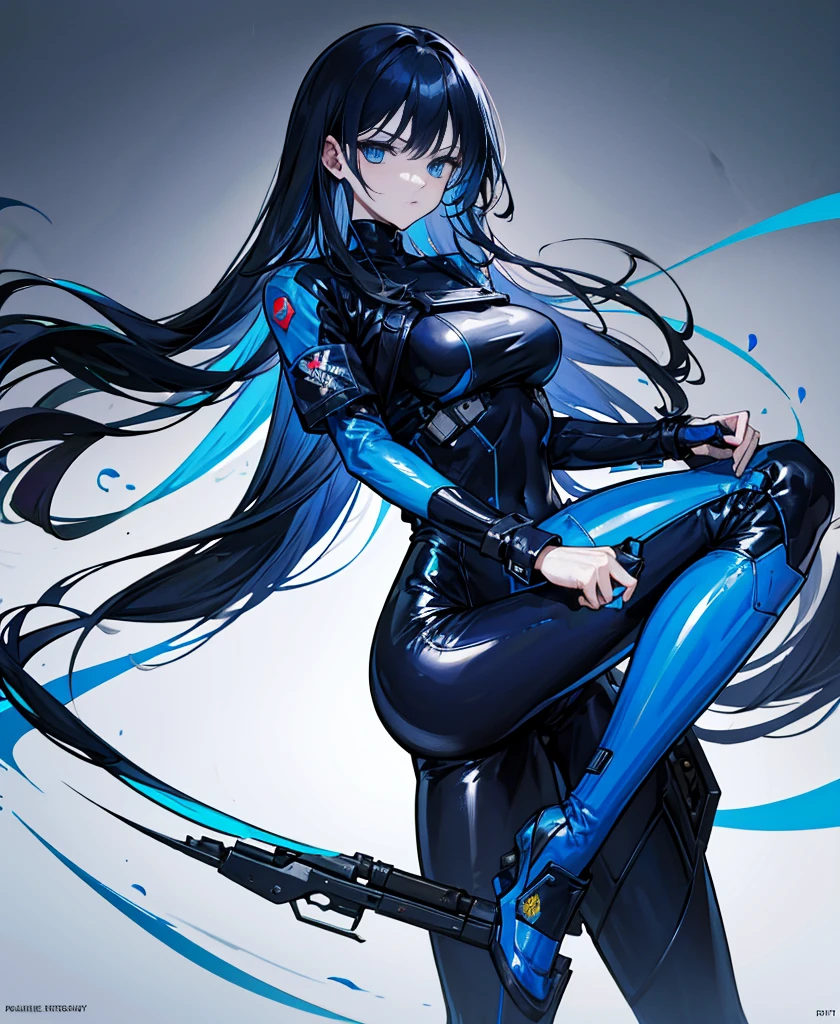 There is no background,,Carry a firearm,Patent leather tight suit,Use of firearms,Navy blue long hair,attention arousal,Blue colored eyes,No gradients