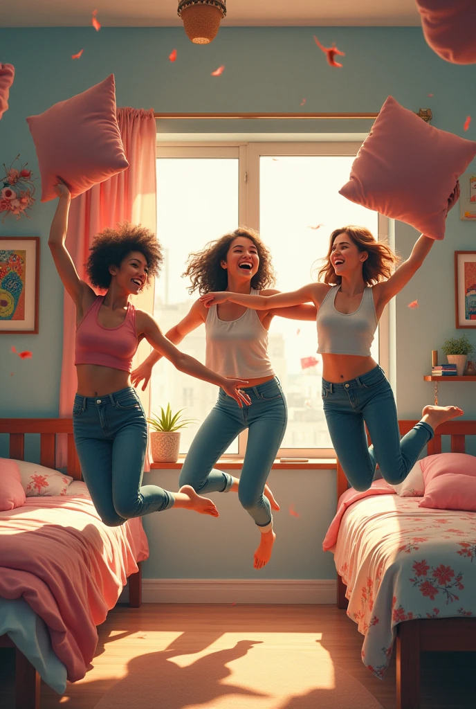 . A group of friends having a pillow fight in zero gravity, floating around the room in hostel room laughing hysterically