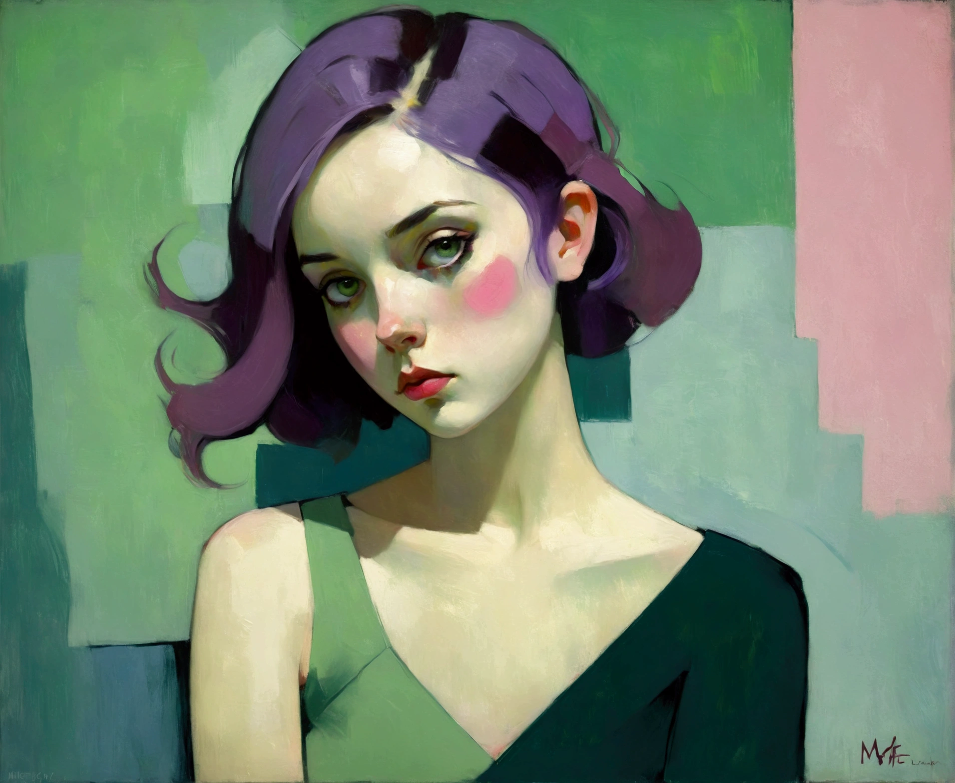 Create a portrait of a young woman in a semi-reclining pose with a pensive expression. Use a painterly style inspired by Malcolm Liepke, characterized by expressive brushstrokes and rich texture. Employ a color palette of muted greens, soft pinks, deep purples, and subtle flesh tones to evoke a sense of depth and emotion. The background should consist of abstract, textured layers in complementary colors, blending seamlessly with the figure. Pay attention to the contrast between the smooth, detailed rendering of the face and the rough, textured application of paint in the surrounding areas. Capture the delicate balance of vulnerability and strength in the subject's gaze and posture