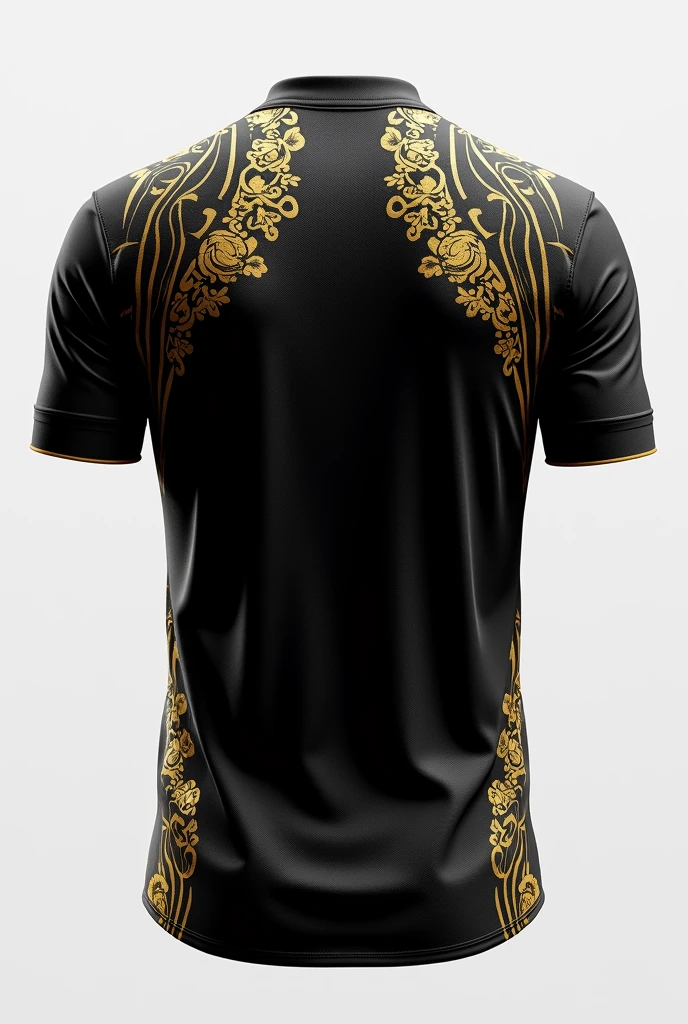 A black soccer jersey with designs and gold on the back and another more special design on the front but not so special that it has several things on the front and back like splash paint.