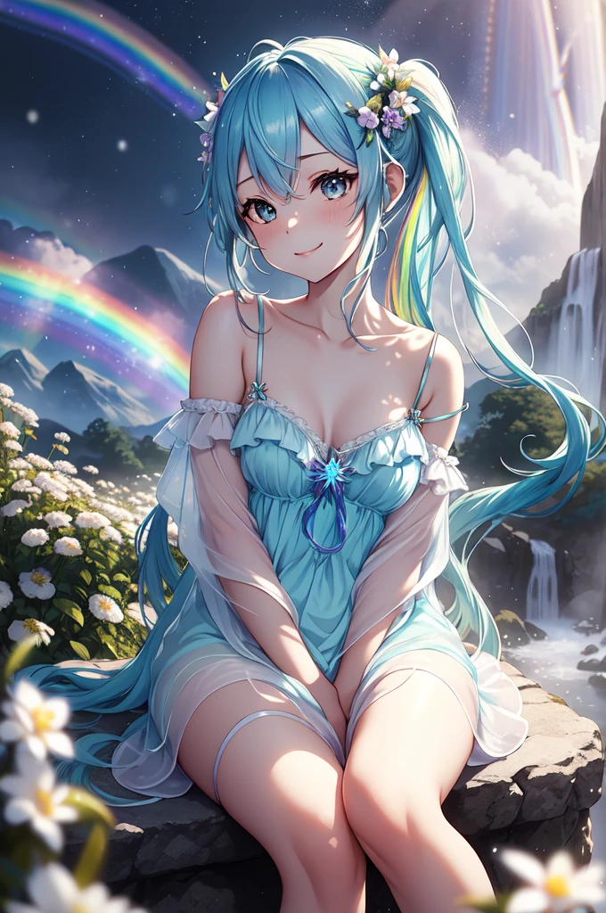 beautiful fairy with light blue  wings,long ponytail, see-through dress, seductive smile,small breasts, (sit,), leaning forward,dappled moonlight, night rays, volumetric light, iridescent light, scenery, open up on body,moon light, night light through wings project a( rainbow color volumetric light:1.3),snow ,snow  field, mountains ,waterfall in the background,iridescent hair,lens flare,from below,waterfall, blurry foreground flowers,(clouds:1.0), (masterpiece:1.3),(best quality:1.4),(very aesthetic:1.3),(absurdres:1.2),newest, intricate details, (depth of field, blurry background, blurry foreground:1.3),greek clothes, Hatsune Miku,