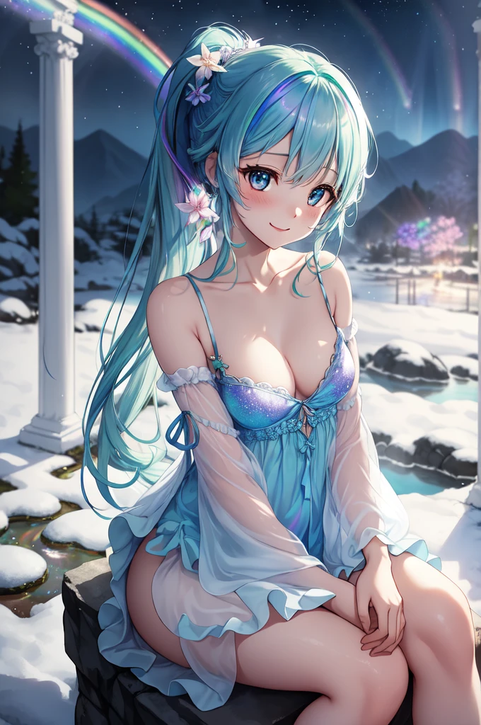 beautiful fairy with light blue wings,long ponytail, see-through dress, seductive smile,small breasts, (sit,), leaning forward,dappled moonlight, night rays, volumetric light, iridescent light, scenery, open up on body,moon light, night light through wings project a( rainbow color volumetric light:1.3),snow ,snow field, mountains ,waterfall in the background,iridescent hair,lens flare,from below,waterfall, blurry foreground flowers,(clouds:1.0), (masterpiece:1.3),(best quality:1.4),(very aesthetic:1.3),(absurdres:1.2),newest, intricate details, (depth of field, blurry background, blurry foreground:1.3),greek clothes, Hatsune Miku,