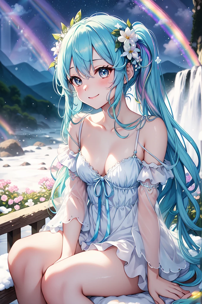beautiful fairy with light blue wings,long ponytail, see-through dress, seductive smile,small breasts, (sit,), leaning forward,dappled moonlight, night rays, volumetric light, iridescent light, scenery, open up on body,moon light, night light through wings project a( rainbow color volumetric light:1.3),snow ,snow field, mountains ,waterfall in the background,iridescent hair,lens flare,from below,waterfall, blurry foreground flowers,(clouds:1.0), (masterpiece:1.3),(best quality:1.4),(very aesthetic:1.3),(absurdres:1.2),newest, intricate details, (depth of field, blurry background, blurry foreground:1.3),greek clothes, Hatsune Miku,