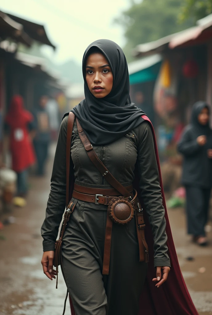 best quality, masterpiece, very high resolution, (photorealistic:1.2), Indonesian female Marvel hero in hijab, (face detail:1.2), (eye detail:1.2), (clothing detail:1.2), (full body detail:1.2), 4k,, Indonesian female Marvel hero in hijab, (walking) on a village street, with a screaming expression while carrying a large banner with the words "montong micen Limbah pabrik goblog" next to many hodie shops, 34k ultra FULL HD.